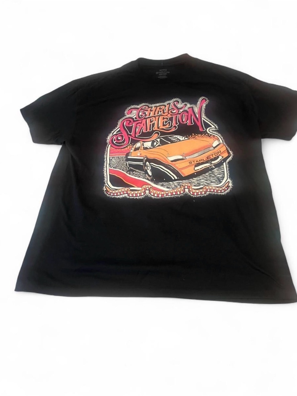 Black Short-Sleeve Graphic Tee with Orange Car Design
